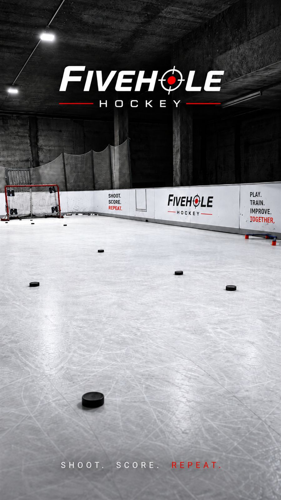 Boards with Fivehole branding: Shoot. Score. Repeat.